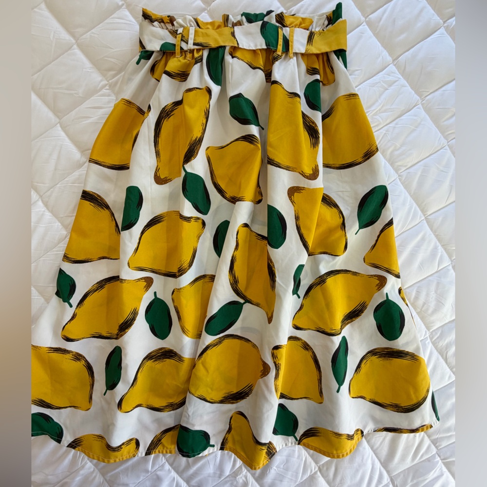 Her Destiny Midi Skirt Lemon print yellow green full fit and flare size L - Picture 4 of 12